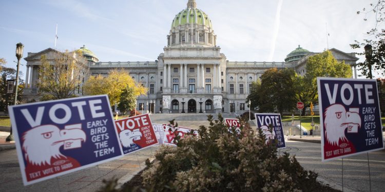 Pennsylvania’s Capitol building in Harrisburg on the morning of Election Day 2020.

Amanda Berg / For Spotlight PA