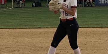 Senior Emma Hipps fired a one-hit shuout in a 4-0 win over Hamburg Thursday evening. Thw in helps the Lady Bison to the PIAA semifinals. Photo by Jay Siegel.