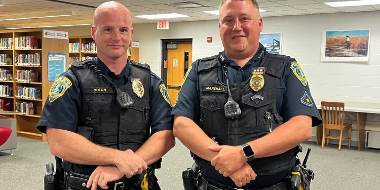 Pictured are Lawrence Township Police Officers Levi Olson and Charles Marshall, who will work as school resource officers for the Clearfield Area School District. (Photo by GANT News Editor Jessica Shirey)