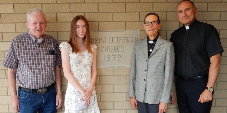 Christ Lutheran Church's 2022 Dunlap Scholarship winner, Emalee Horner (second from left), is shown with Jim Dunlap (left), Pastor Amy Godshall-Miller and Pastor John Miller.