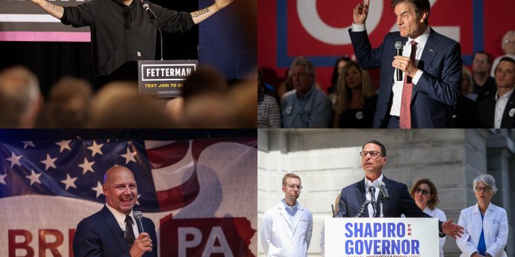 From top left, clockwise: U.S. Senate candidate John Fetterman; U.S. Senate candidate Mehmet Oz; gubernatorial candidate Josh Shapiro; gubernatorial candidate Doug Mastriano

ELIZABETH ROBERTSON, JOSE F. MORENO, HEATHER KHALIFA, STEVEN M. FALK  / PHILADELPHIA INQUIRER