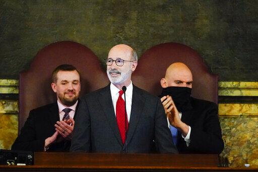 Democratic Gov. Tom Wolf delivers his budget address for the 2022-23 fiscal year to a joint session of the Pennsylvania House and Senate in Harrisburg, Pa., Tuesday, Feb. 8, 2022. Wolf is accompanied by House Speaker Bryan Cutler, R-Lancaster, left, and Lt. Gov. John Fetterman.

AP Photo / Matt Rourke