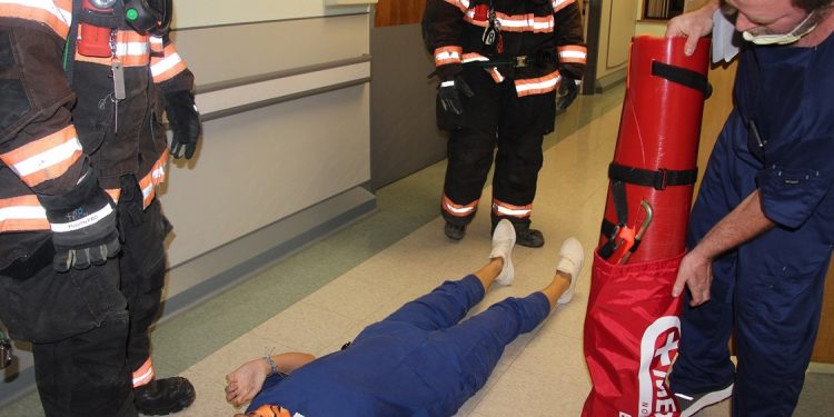 During the recent emergency drill at Penn Highlands Tyrone employees served as injured patients to test the response by hospital staff and emergency services personnel to a simulated fire in the building.