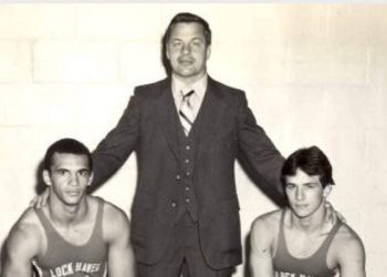 Lock Haven State College head wrestling coach, Neil Turner (center) with 1980 NCAA Wrestling Championships qualifiers Lt. Col. Kenney Parsley ’83, USA Ret. (left) and Mike “Mouse” Millward ’84 (right).