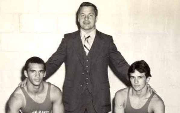 Lock Haven State College head wrestling coach, Neil Turner (center) with 1980 NCAA Wrestling Championships qualifiers Lt. Col. Kenney Parsley ’83, USA Ret. (left) and Mike “Mouse” Millward ’84 (right).