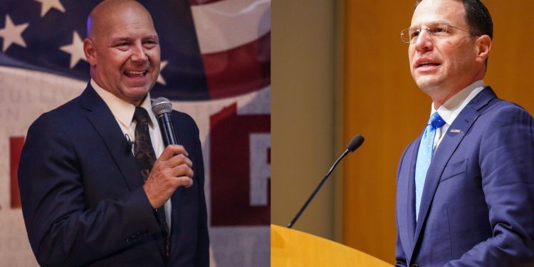 State Sen. Doug Mastriano (left) and Attorney General Josh Shapiro (right)

THOMAS HENGGE, STEVEN M. FALK / Philadelphia Inquirer Photographers