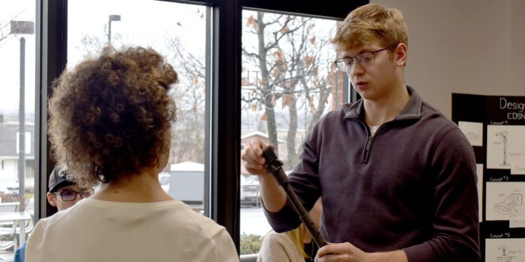 Jalen Kosko, Penn State DuBois freshman mechanical engineering student, presents the prototype for his group at the collaboration projects presentation

Credit: Penn State