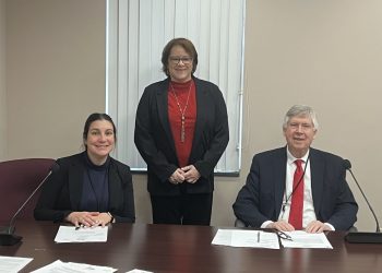 January has been proclaimed as National Mentoring Month in Clearfield County. Pictured, from left to right, are Commissioner Mary Tatum; Mary Beth Geppert, youth mentoring coordinator, Children’s Aid Society; and Commissioner John A. Sobel. (Photo by GANT News Editor Jessica Shirey)