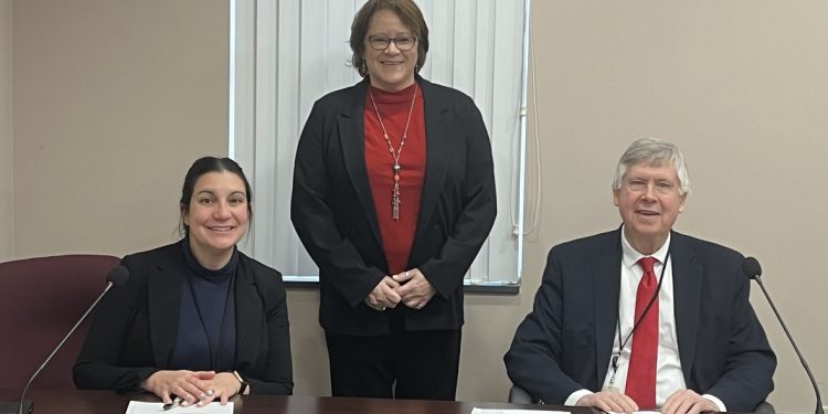January has been proclaimed as National Mentoring Month in Clearfield County. Pictured, from left to right, are Commissioner Mary Tatum; Mary Beth Geppert, youth mentoring coordinator, Children’s Aid Society; and Commissioner John A. Sobel. (Photo by GANT News Editor Jessica Shirey)