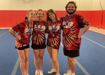 (L-R) Senior, Savannah Ross; Junior, Karissa Fremer; Junior, Samantha Barber; Junior, Trevor Murray. These Brockway Cheerleaders were selected for All-American and will be traveling to Orlando to cheer at this year's Citrus Bowl on January 2, 2023. (Provided Photo).