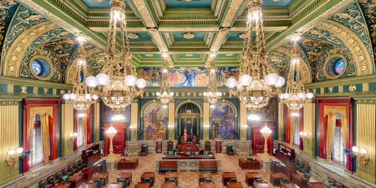 The Senate chamber in the Pennsylvania State Capitol building in Harrisburg, Pennsylvania.

Nagel Photography / Shutterstock.com