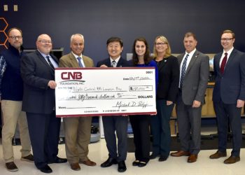 Leadership from CNB Bank present a check in support of the North Central PA LaunchBox; from left to right, Bradley Lashinsky, director, NCPA LaunchBox; Christopher Stott, senior vice president and enterprise director of private banking, CNB Bank; Tito Lima, senior executive president, chief financial officer and treasurer, CNB Bank; Jungwoo Ryoo, chancellor and chief academic officer, Penn State DuBois; Anna Raffeinner, administrative assistant, NCPA LaunchBox; Jean Wolf, director of development, Penn State DuBois; Michael Peduzzi, president and chief executive officer, CNB Bank, Kyle Kunes, commercial banking officer, CNB Bank.

Credit: Penn State