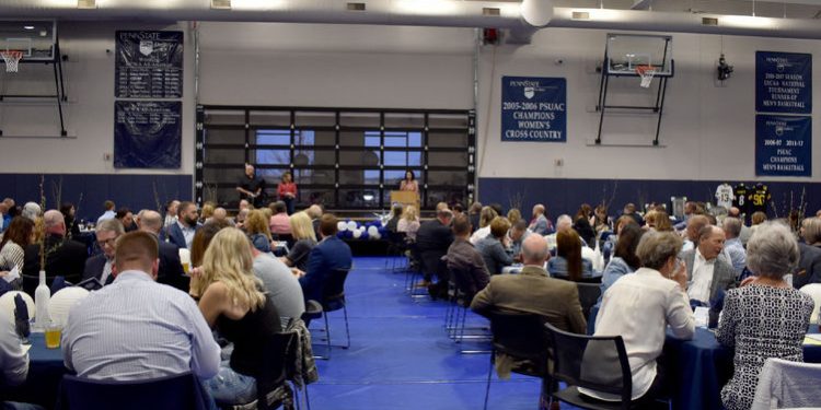 Kristen Vida welcomes everyone to the Lion Wine and Cheese event at the PAW Center on the campus of Penn State DuBois

Credit: Penn State