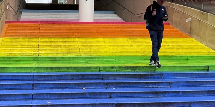 A painted staircase mural recognizing the LGBTQ community on Georgia Tech's Atlanta campus.

HEATHER KHALIFA / Philadelphia Inquirer