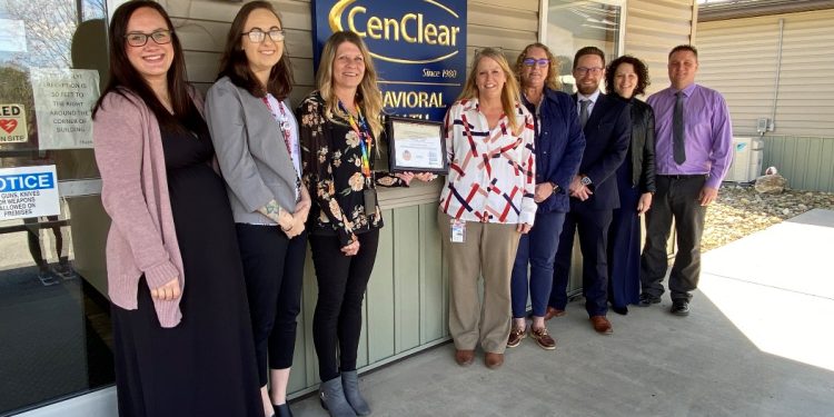 From left, are: Alayna Adams, CenClear; Ashley Curley, SUD Therapist, CenClear; Loralie Finley, Regional Manager, CenClear; Cheri Casher, Clinical Supervisor, CenClear; Sally Walker, CEO, BHARP; Justin Wolford, Director of Outpatient Services, CenClear; Kara Haberberger, Associate Regional Director, Community Care Behavioral Health; Mike Gwin, Community Relations Coordinator, Community Care Behavioral Health. (Provided photo)