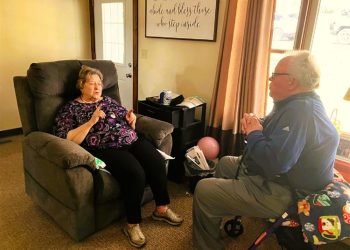 Patient Doris Carns visits with Dr. Richard Johnson during a wellness exam in her home. Dr. Johnson and other medical professionals at the Susquehanna Wellness Clinic are available for in-home visits for the convenience and safety of their patients.