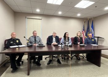 Pictured, from left, are: Clearfield Regional Police Chief Vincent McGinnis; PSP Clearfield Troop-C Station Commander Sgt. Thomas Granville; County Commissioners John Sobel and Mary Tatum; First Assistant District Attorney Leanne Nedza; and Warden Dave Gallagher. (Photo by GANT News Editor Jessica Shirey)