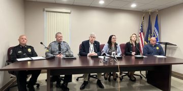 Pictured, from left, are: Clearfield Regional Police Chief Vincent McGinnis; PSP Clearfield Troop-C Station Commander Sgt. Thomas Granville; County Commissioners John Sobel and Mary Tatum; First Assistant District Attorney Leanne Nedza; and Warden Dave Gallagher. (Photo by GANT News Editor Jessica Shirey)