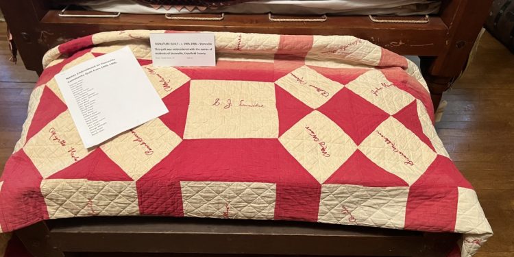 Stoneville Community Signature Quilt on display this 2023 season at Clearfield County Historical Society's Kerr House Museum.