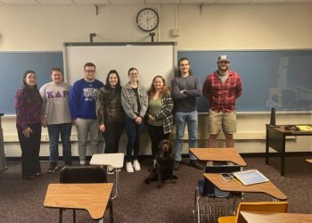 Shown are Dr. Mary Tatum and “Kirby” with Lock Haven students, Sutton Thompson, Cory Johnston, Audra Newmeyer, Madylin Lockhart, Cassandra Merrill, Sean Kershner and Zane Gee.
