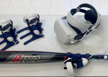 The virtual reality headset and controllers, including one attached to a bat, that are used for baseball and softball hitting practice using software available through the NCPA LaunchBox, powered by Penn State DuBois.

Credit: Penn State