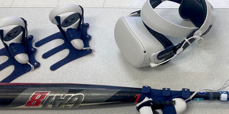 The virtual reality headset and controllers, including one attached to a bat, that are used for baseball and softball hitting practice using software available through the NCPA LaunchBox, powered by Penn State DuBois.

Credit: Penn State