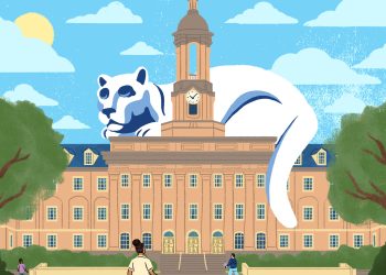 An illustration of the Nittany Lion sleeping on top of Old Main.

Daniel Fishel / For Spotlight PA