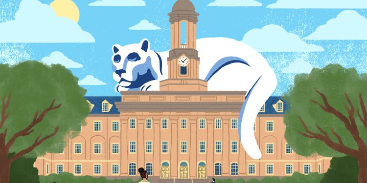 An illustration of the Nittany Lion sleeping on top of Old Main.

Daniel Fishel / For Spotlight PA