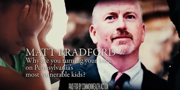 A screenshot from an ad against state House Majority Leader Matt Bradford paid for by the dark money group Commonwealth Action.

Screenshot via Commonwealth Action YouTube page