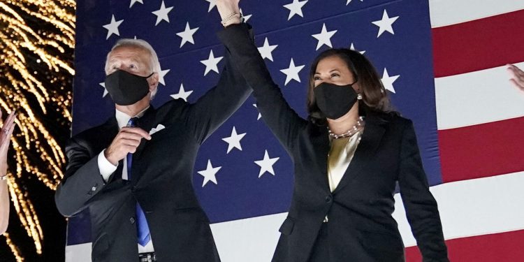 Democratic presidential candidate former Vice President Joe Biden and his running mate Sen. Kamala Harris, D-Calif., watch fireworks during the fourth day of the Democratic National Convention, Thursday, Aug. 20, 2020, at the Chase Center in Wilmington, Del.

Andrew Harnik / AP