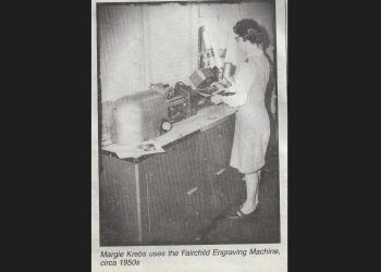 Margie Krebs uses the Fairchild Engraving Machine, c1950s