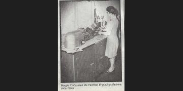 Margie Krebs uses the Fairchild Engraving Machine, c1950s