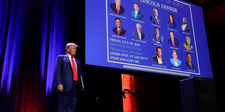 Republican presidential candidate former President Donald Trump arrives to speak at the Republican Party of Iowa's 2023 Lincoln Dinner in Des Moines, Iowa, Friday, July 28, 2023.

Charlie Neibergall | AP Photo