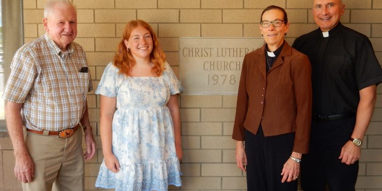 Ella Wilson, Christ Lutheran Church's 2022 Dunlap Scholarship winner, with Jim Dunlap (left), Pastor Amy Godshall-Miller and Pastor John Miller.