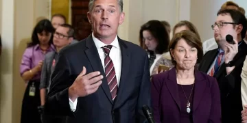 Sen. Martin Heinrich, D-N.M., left, speaks as Sen. Amy Klobuchar, D-Minn., right, listens after a policy luncheon, Tuesday, July 11, 2023, on Capitol Hill in Washington. 

Mariam Zuhaib / AP Photo