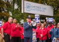 President Joe Biden addresses UAW members walking a picket line at the GM Willow Run Distribution Center on Tuesday in Belleville, Michigan. 

Adam Schultz | The White House