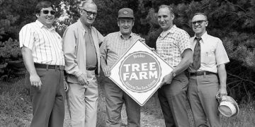 In September of 1974, the award for National Tree Grower was presented, and pictured from left to right, are Bob Clark, director of PA Forestry Association; W.G. "Turk" Jones, a member of the PA Tree Farm Commission and a former Top Tree Farmer of the Year; Wilbur Wolf, chairman of the PA Tree Farm Commission; Ben Lingle; Maurice Hobaugh, assistant district forester of Moshannon State Forest; and Edward Ferrand, extension forester with the Cooperation Extension Service of the Penn State University.