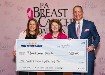 PA Breast Cancer Coalition receives a donation of $100,000 from Mid Penn Bank to continue the fight against breast cancer. Pictured, from left to right, are Pennsylvania's First Lady Lori Shapiro, PBCC President and Founder Pat Halpin-Murphy, and Mid Penn Bank President and CEO Rory Ritrievi.