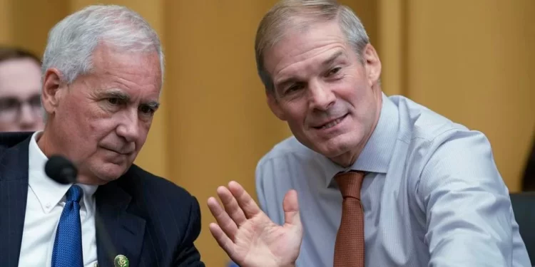 Rep. Tom McClintock, R-Calif., left, confers with House Judiciary Committee Chairman Jim Jordan, R-Ohio, as Attorney General Merrick Garland faces his most ardent critics as House Republicans during an oversight hearing of what they claim is the "weaponization" of the Justice Department under President Joe Biden, Wednesday, Sept. 20, 2023, on Capitol Hill in Washington.

J. Scott Applewhite