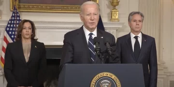 President Joe Biden condemns Hamas attack on Israel flanked by Vice President Kamala Harris and Secretary of State Antony Blinken. (Courtesy White House Live Stream)