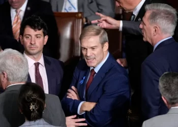 Rep. Jim Jordan, R-Ohio, chairman of the House Judiciary Committee, talks with members as the House convenes for a second day of balloting to elect a speaker, at the Capitol in Washington, Wednesday, Oct. 18, 2023. Former Speaker Rep. Kevin McCarthy, R-Calif., looks on at right.

J. Scott Applewhite | AP Photo