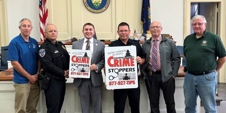 In the photo, from left to right, are 911 Director Jeremy Ruffner, Clearfield Regional Police Chief Vince McGinnis, District Attorney Ryan Sayers, Sandy Township Police Chief Kris Kruzelak, Sgt. Detective Rod Fairman and Board Member Brian Witherow.