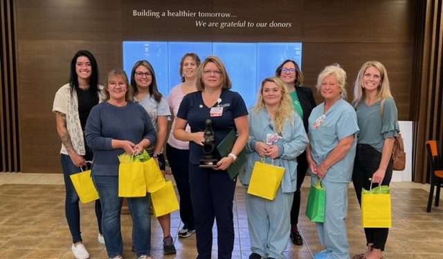 Shown with Jill Muir, PH DuBois Vice President of Nursing Care and Chief Nursing Officer (third from right) are the nurses recognized during the Penn Highlands DuBois DAISY celebration. Pictured (l. to right) are Kimberly Hiles, Patricia Kerr, Nicole Kruis, Holly Boyer, Sharon Shattenberg, Kristy Brownlee, Jill Muir, Janet Mehok and Kim Weisner.