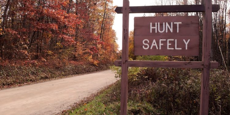 A "hunt safely" sign on the side of a dirt road in the fall woods.