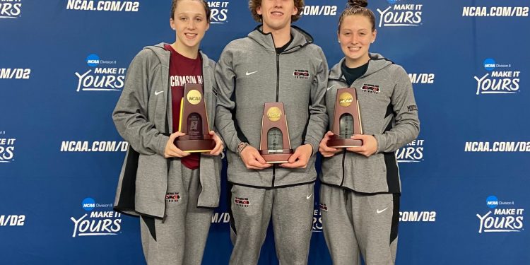 The Mikesell siblings share the podium after the 2021 NCAA Division II Swimming and Diving National Championships all as All-Americans. Photo courtesy of IUP Athletic Communications.