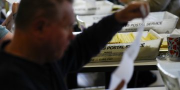 Workers sort mail ballots at Northampton County Courthouse in Easton, Pennsylvania on Nov. 7, 2023.

Matt Smith / For Spotlight PA