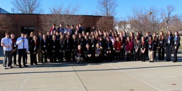 Medal winners from the 2023 Pennsylvania DECA District 1 conference gather at the Schoch Plaza, on the Penn State DuBois campus, following the awards ceremony.

Credit: Penn State