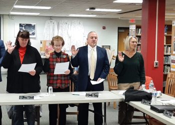 New and returning board members were sworn in at the Clearfield Area School Board Meeting Monday. From left are Eric Cummings, Jennifer Evan's, Gail Ralston, Paul Sayers and Sue Mikesell. Photo by Wendy Brion.