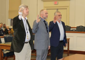 Clearfield County Commissioners John A. Sobel, Dave Glass and Tim Winters were sworn into office Tuesday. (Photo by GANT News Editor Jessica Shirey)