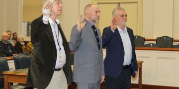 Clearfield County Commissioners John A. Sobel, Dave Glass and Tim Winters were sworn into office Tuesday. (Photo by GANT News Editor Jessica Shirey)